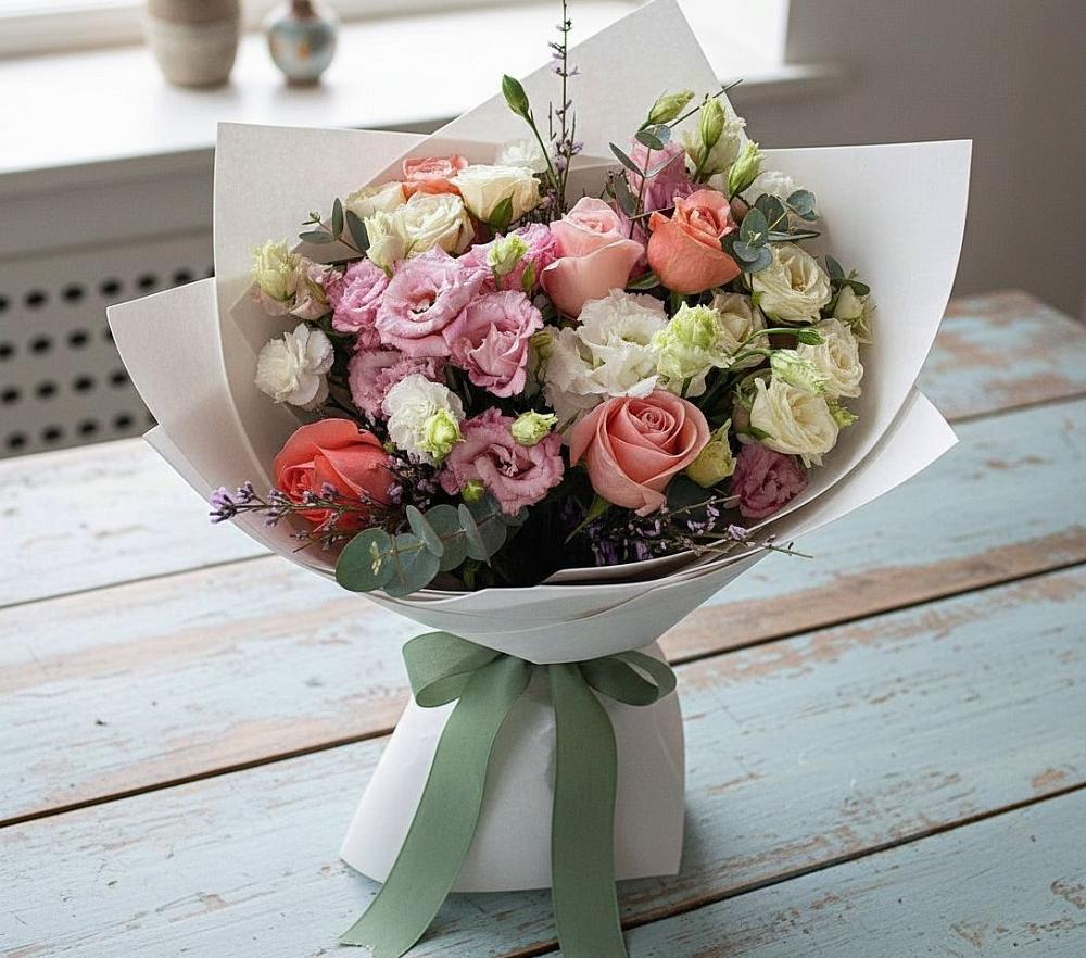 Букет цветов из: Розы, Лизиантусы и Гвоздики в Дубках Дагестан