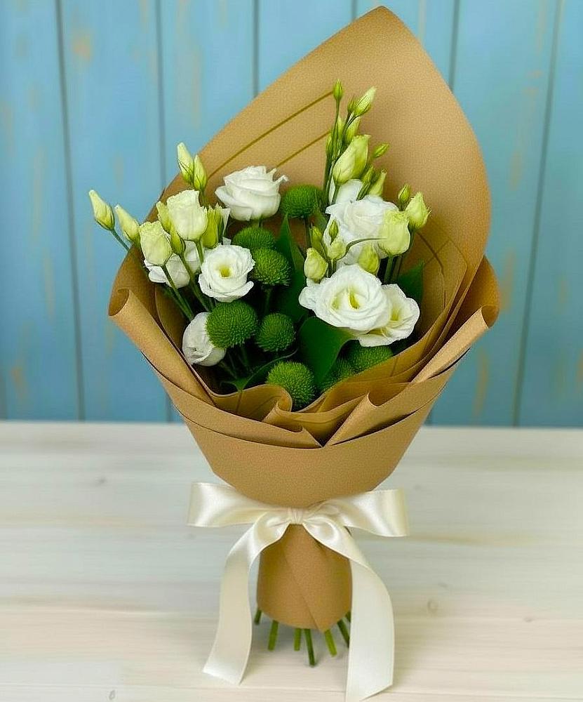 Букет цветов из: Хризантемы и Лизиантусы в Дубках Дагестан