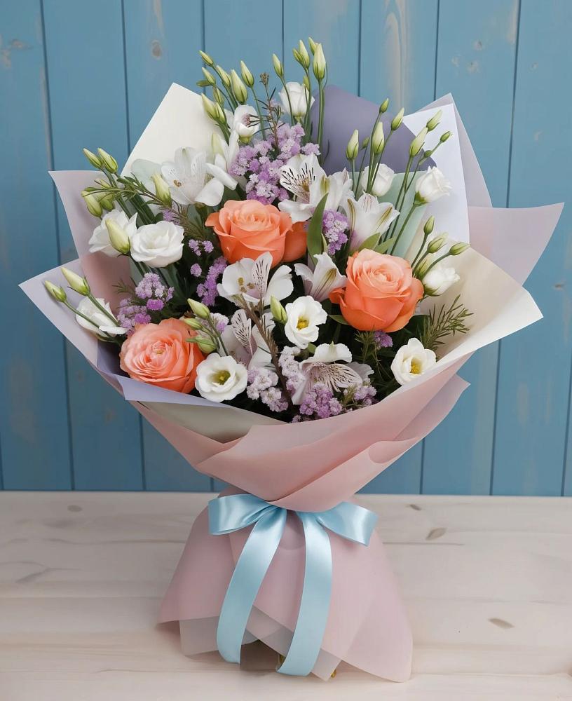 Букет цветов из: Лизиантусы, Розы, Альстромерии и Гипсофила в Дубках Дагестан